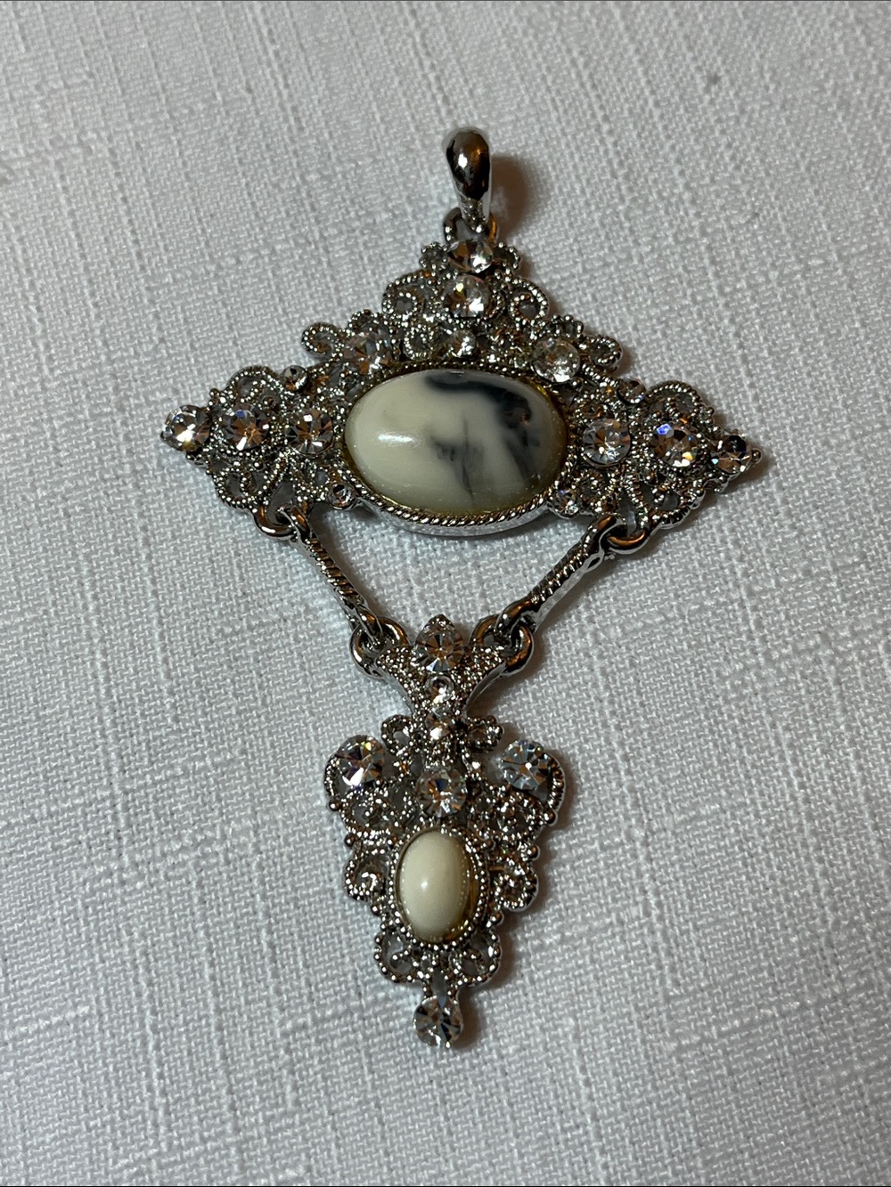 Unique Sterling-Tone Ivory and Silver Filigree Pendant